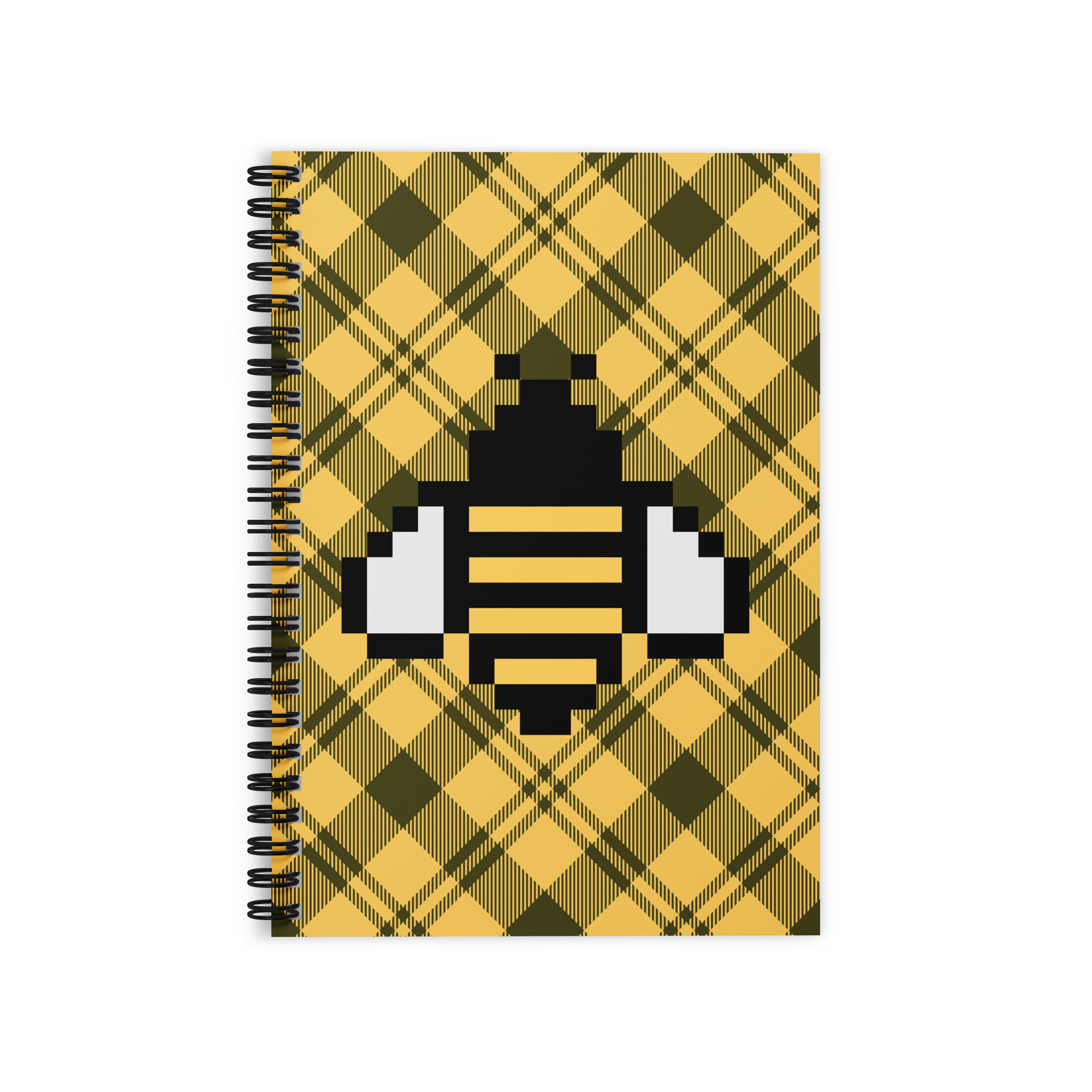 Pixelated Honey Bee on Plaid Background Ruled Line Spiral Notebook